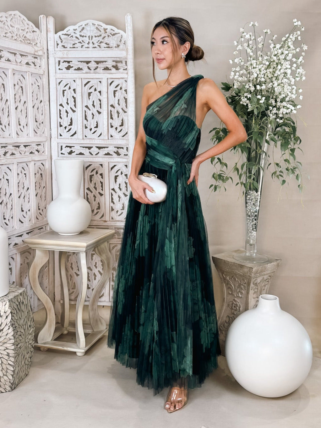 one shoulder pleated dress Hutch Tulle Maxi Christa Knit Crochet Striped Hidden side zip ALABASTER 902 Size:8 W