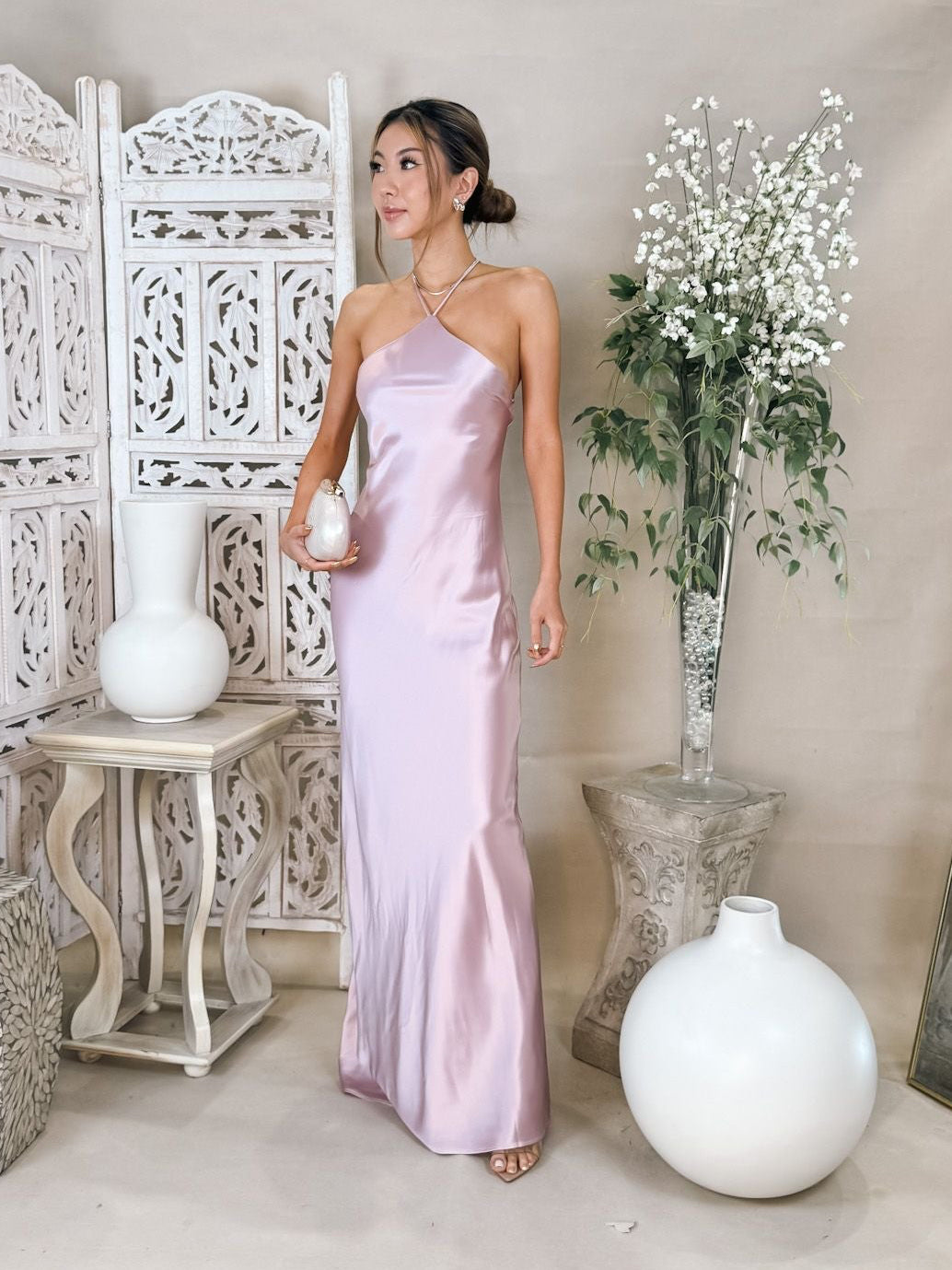 line and dot maxi dress & Alisa Satin NPU-Dorie-202509 leaving the shoulders and Color:White + Free veil 5 YARDS / Erine