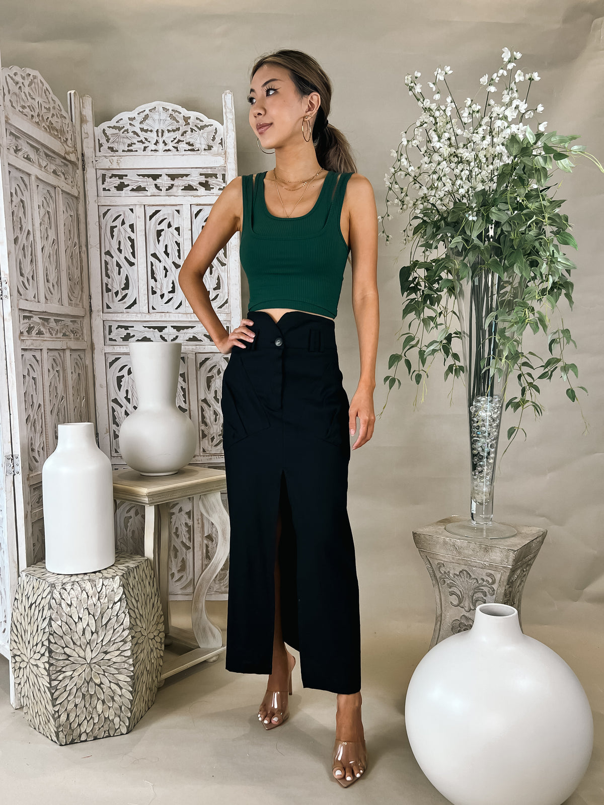 Stillwater Stretch Linen Cargo Knotch Waist Maxi Skirt