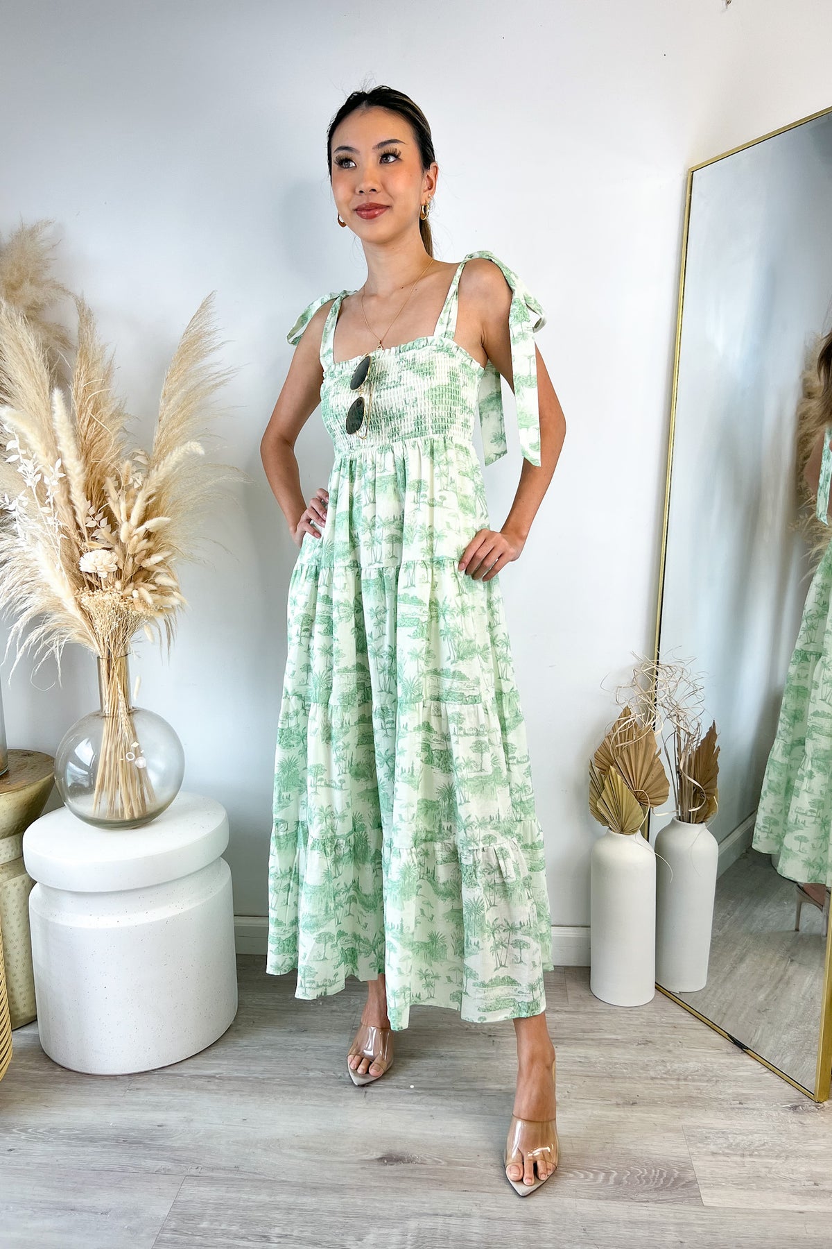 KIVARI Chloe Strappy Shirred Tiered Midi Dress