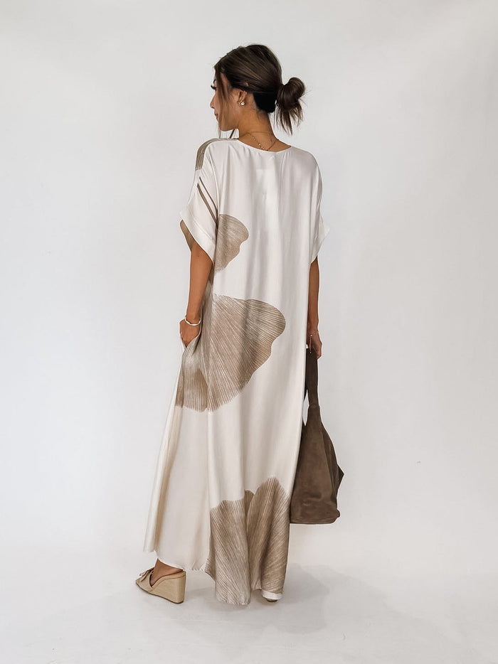 Milio Milano Gingko Print V-Neck Kaftan Maxi Dress