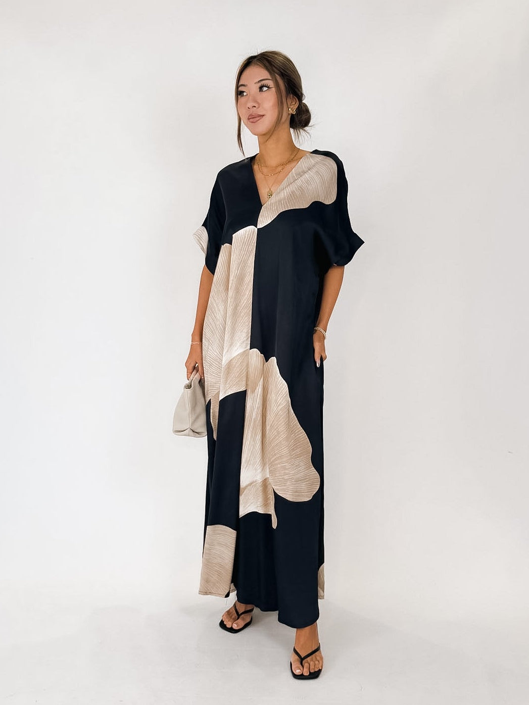 Milio Milano Gingko Print V-Neck Kaftan Maxi Dress