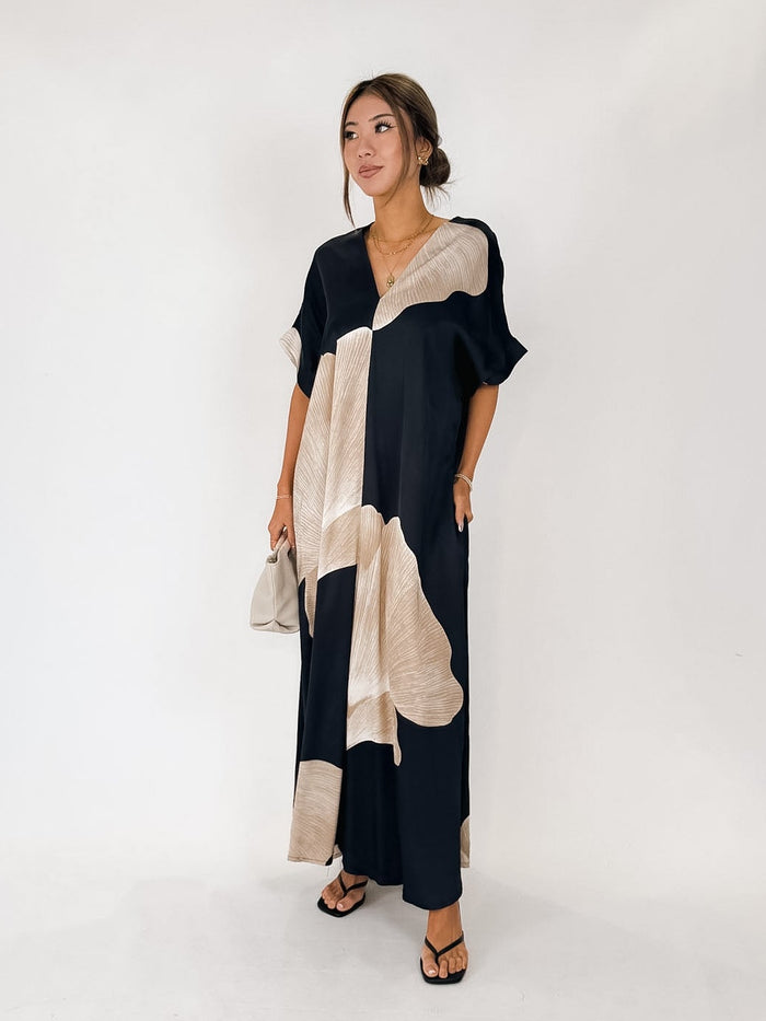 Milio Milano Gingko Print V-Neck Kaftan Maxi Dress