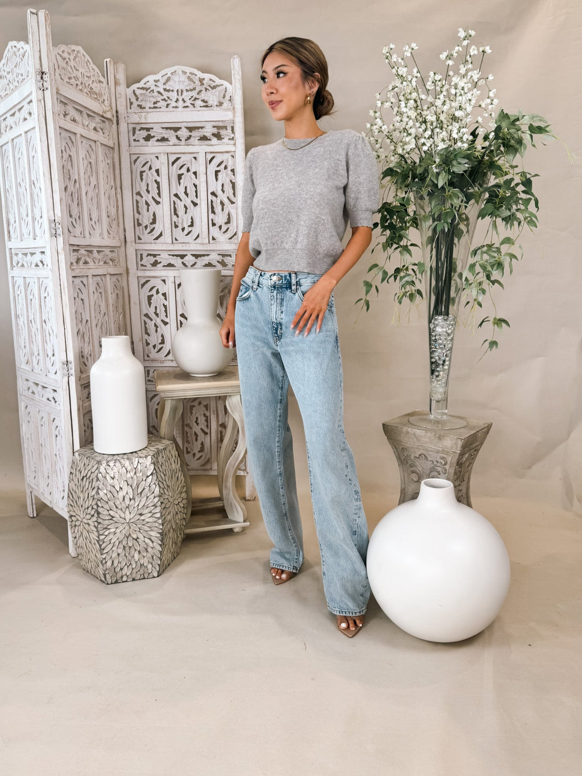 Frame Pointelle Puff Sleeve Sweater