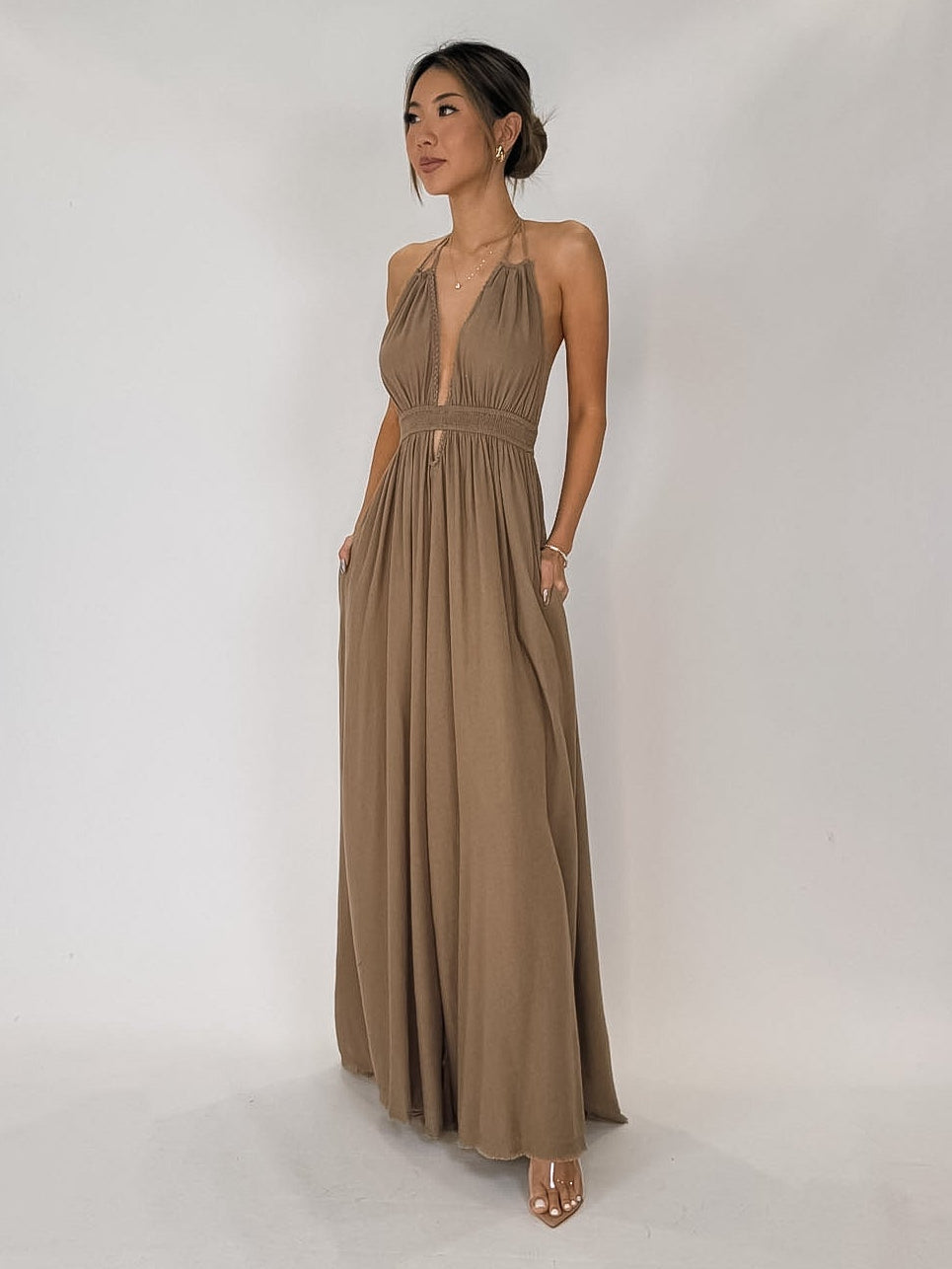 Elan Goddess Halter Maxi Dress