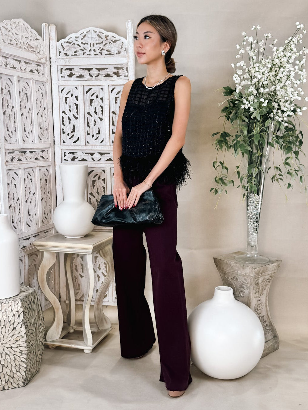 ASTR Etheos Metallic Feather Trim Top