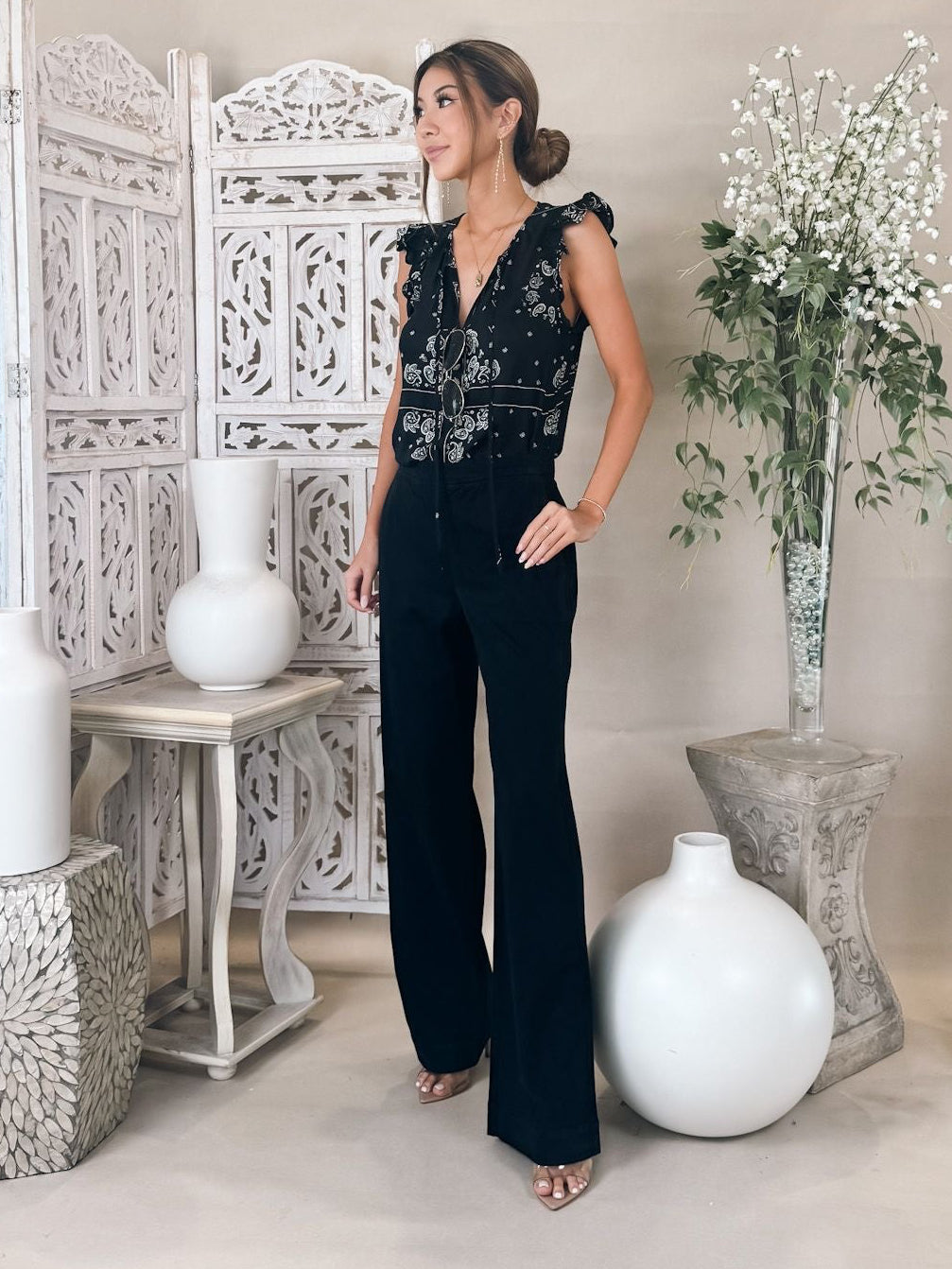 Bella Dahl Ruffle Sleeve Tie Neck Top