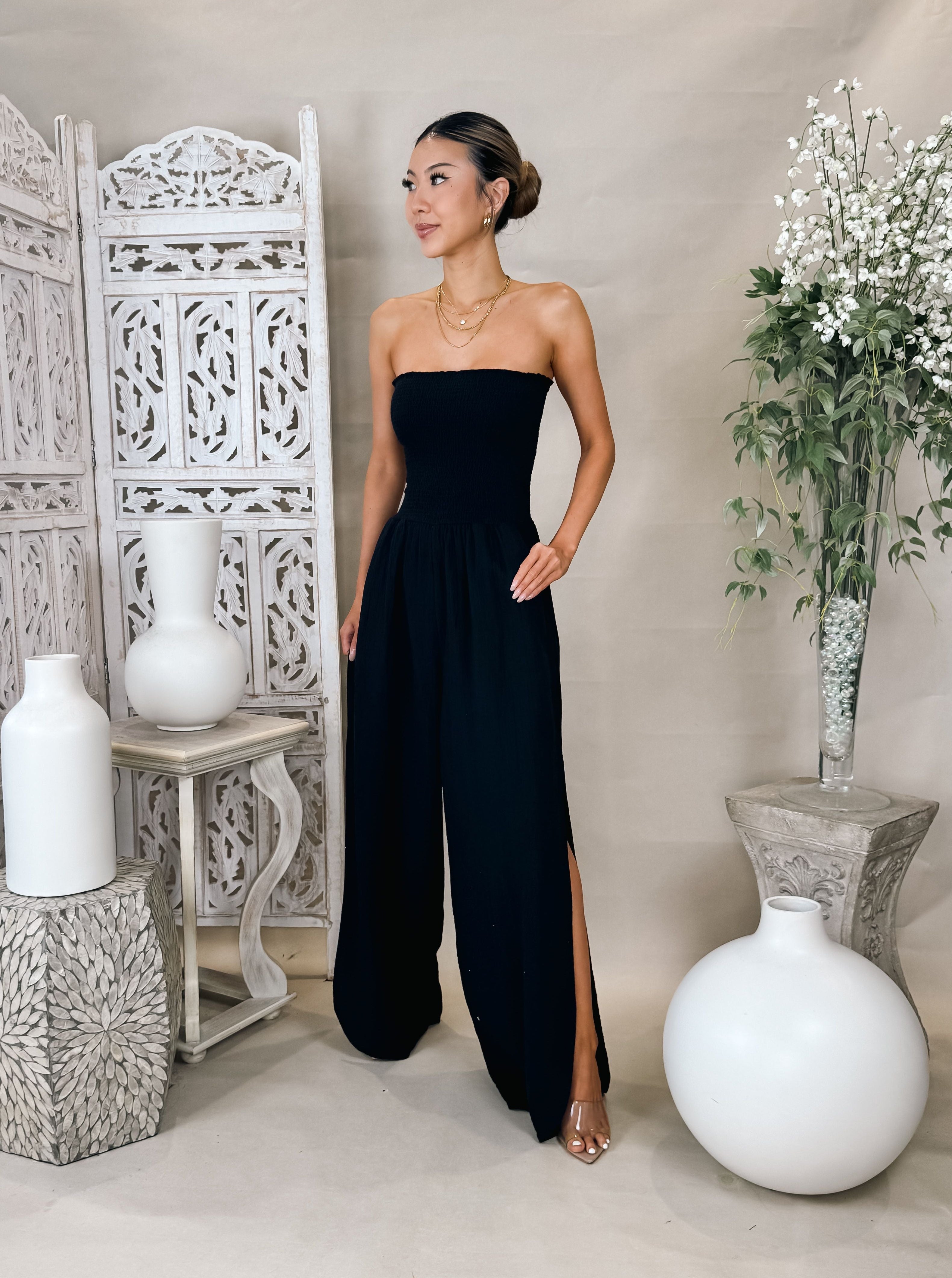 Elan Strapless Smocked Jumpsuit – Mikinola