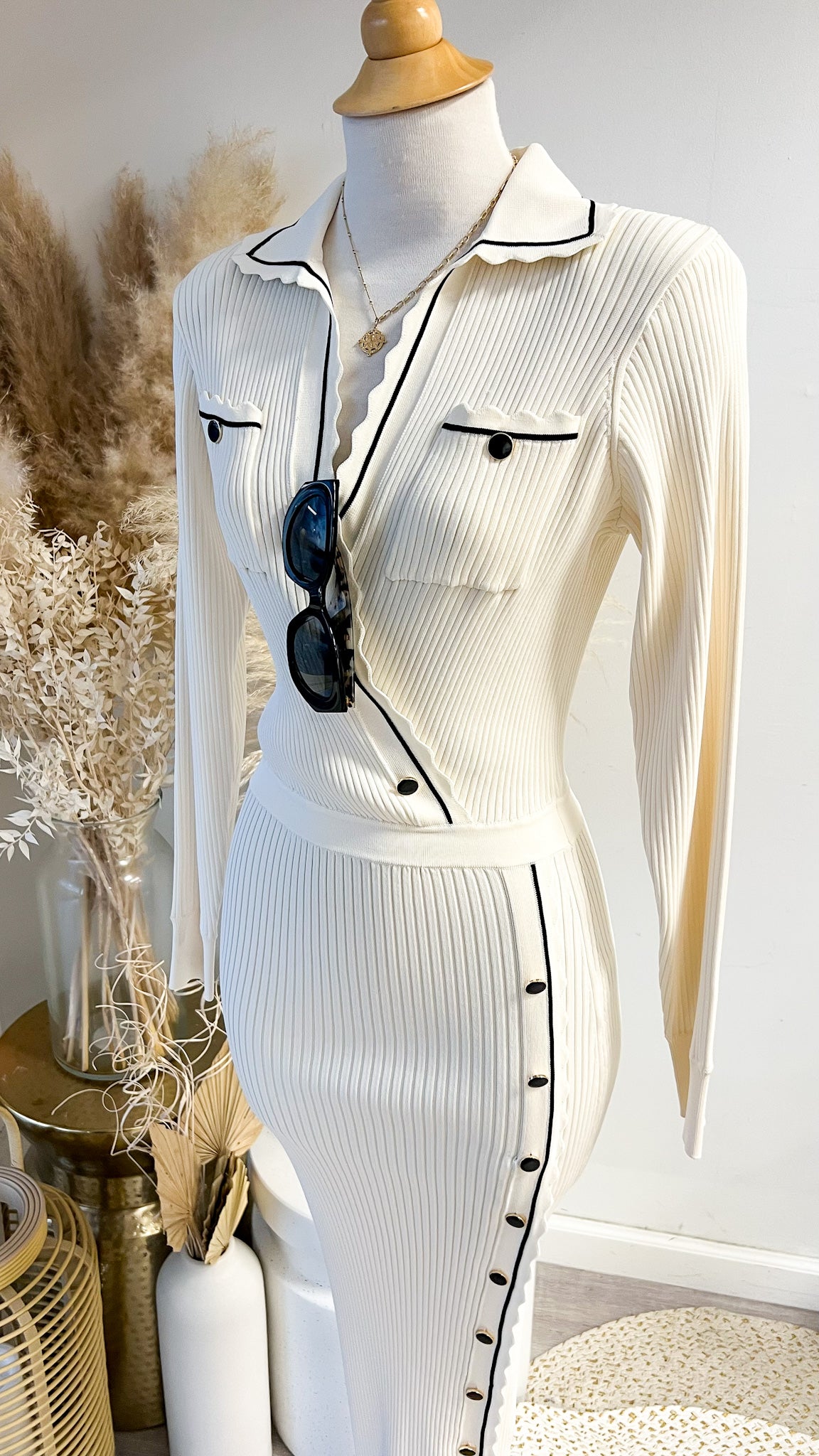 Self-Portrait Contrast Stitch Ribbed Knit Dress